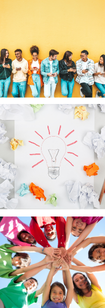 Three images of students and a brainstorm